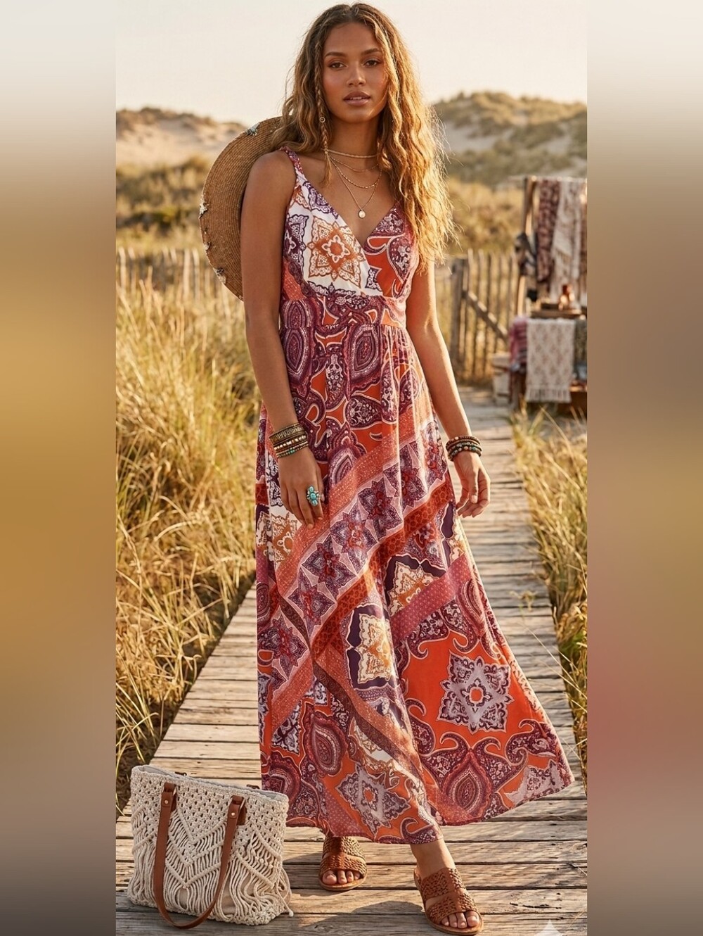 Garnet Hill Orange and Purple Paisley Tiered Maxi Dress